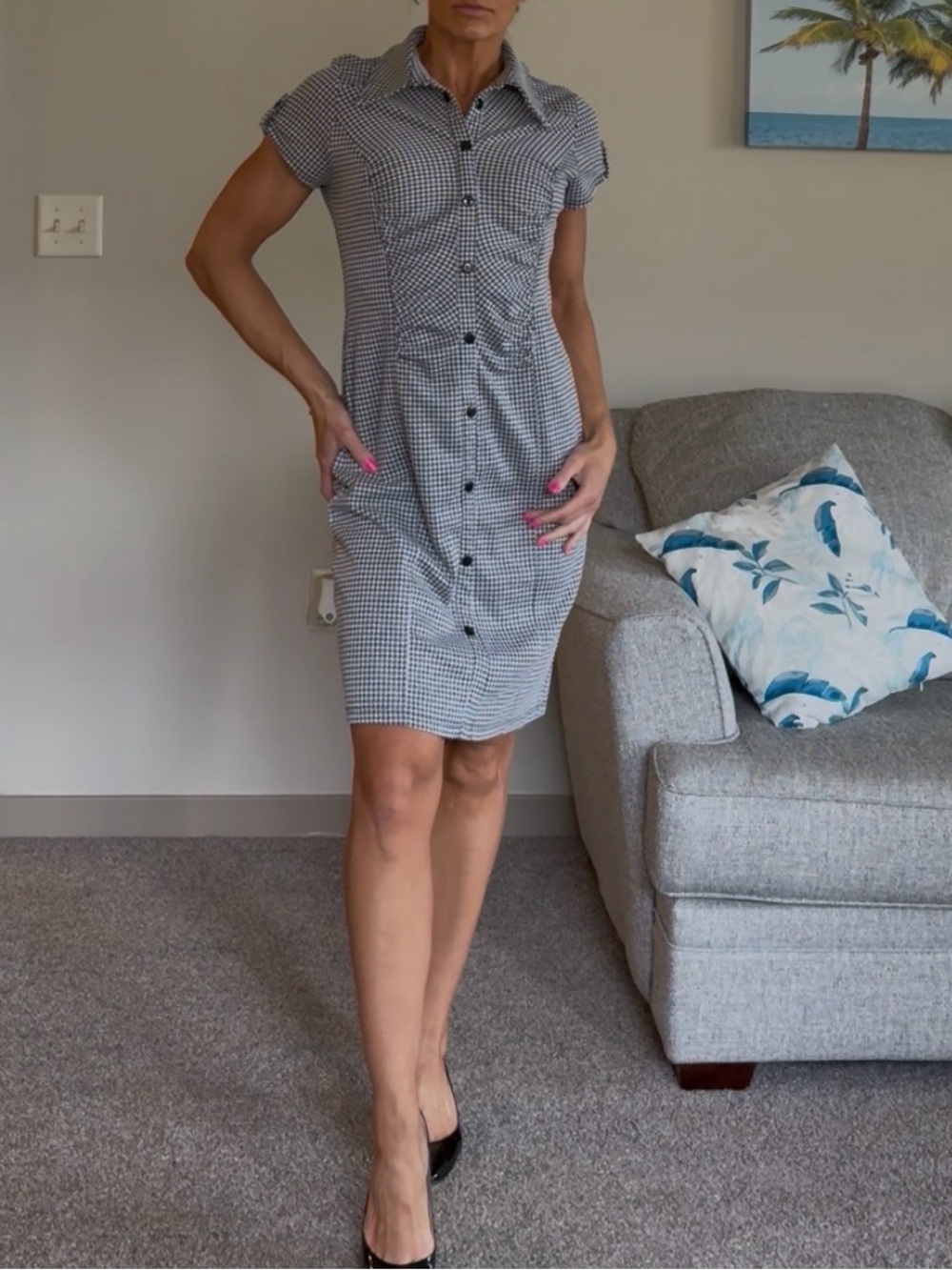 Voir Voir Black and White Gingham Button-Front Mini Dress